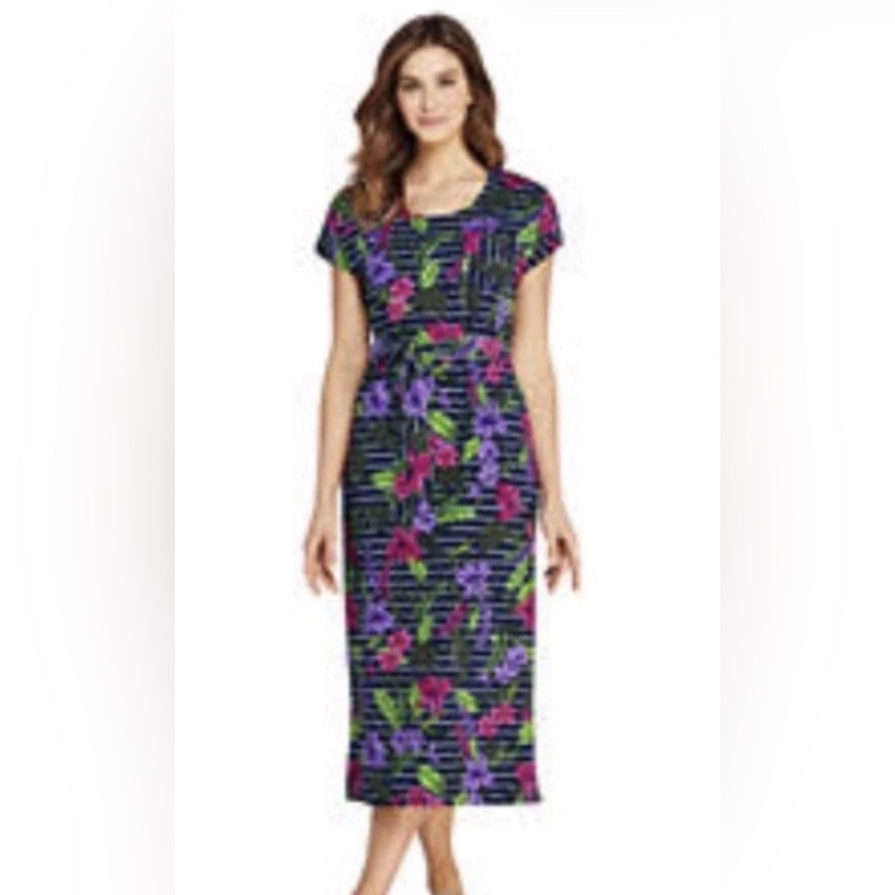 Lands’ End Dress~Women's~ L~Tropical Navy Floral~Tie Waist~Short Sleeve~Casual